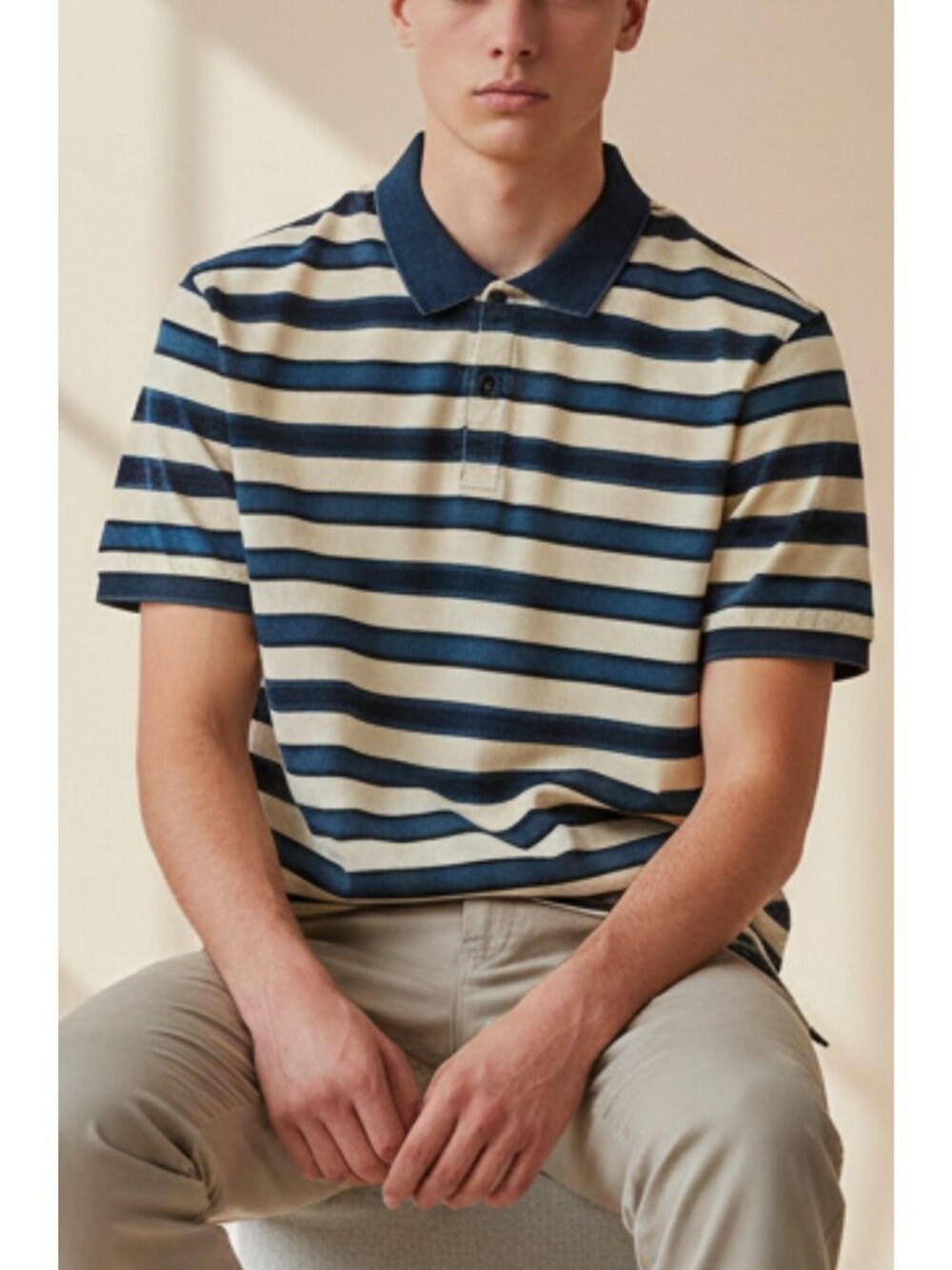 Scotch & Soda Men’s Striped Short Sleeve Polo Shirt Navy Blue Cream Size M